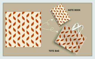 mockup tote bag and note book with simple brown leaves seamless pattern. vector