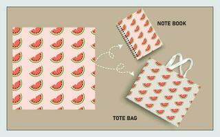 mockup tote bag and note book with slice of watermelon fruits, leaf seamless pattern. vector