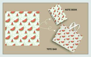 mockup tote bag and note book with slice of watermelon fruits, leaf seamless pattern. vector