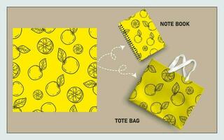 mockup tote bag and note book with lemon or orange line art seamless pattern vector. vector