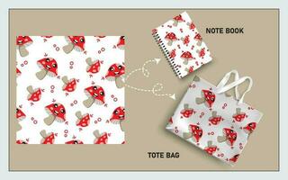 mockup tote bag and note book with mushroom vector seamless pattern.