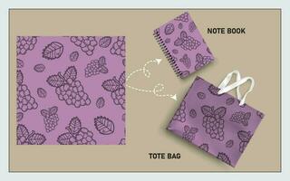 mockup tote bag and note book with grape line art seamless pattern vector. vector