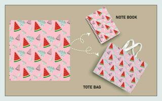 mockup tote bag and note book with slice of watermelon fruits, leaf seamless pattern. vector