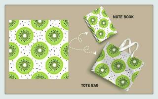 mockup tote bag and note book with slice of kiwi seamless pattern vector. vector