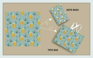 mockup tote bag and note book with pineapple fruits, leaf seamless pattern. vector