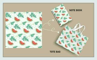 mockup tote bag and note book with slice of watermelon fruits, leaf seamless pattern. vector