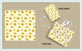 mockup tote bag and note book with pineapple fruits, leaf seamless pattern. vector