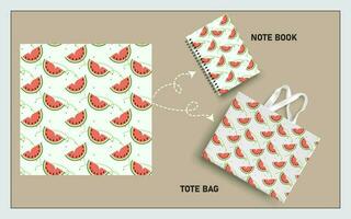 mockup tote bag and note book with slice of watermelon fruits, leaf seamless pattern. vector