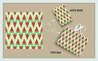 mockup tote bag and note book with slice of watermelon fruits, leaf seamless pattern. vector