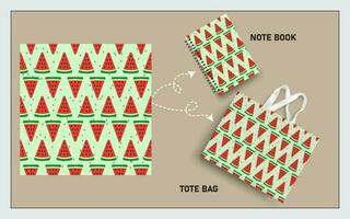 Bosquejo totalizador bolso y Nota libro con rebanada de sandía frutas, hoja sin costura modelo. vector
