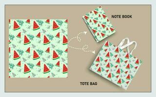 mockup tote bag and note book with slice of watermelon fruits, leaf seamless pattern. vector