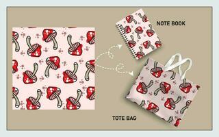 mockup tote bag and note book with mushroom vector seamless pattern.