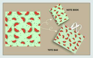 mockup tote bag and note book with slice of watermelon fruits, leaf seamless pattern. vector