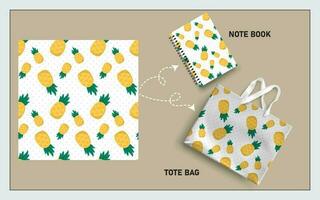 mockup tote bag and note book with pineapple fruits, leaf seamless pattern. vector