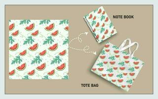 mockup tote bag and note book with slice of watermelon fruits, leaf seamless pattern. vector