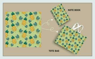 mockup tote bag and note book with pineapple fruits, leaf seamless pattern. vector