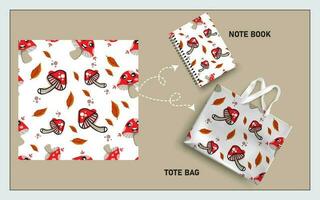 mockup tote bag and note book with mushroom vector seamless pattern.