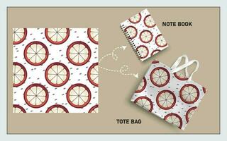 Bosquejo totalizador bolso y Nota libro con rebanada de mangostán sin costura modelo vector. vector