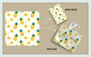 mockup tote bag and note book with pineapple fruits, leaf seamless pattern. vector