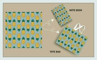 mockup tote bag and note book with pineapple fruits, leaf seamless pattern. vector