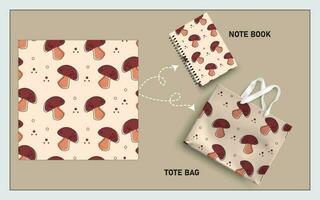 mockup tote bag and note book with mushroom vector seamless pattern.