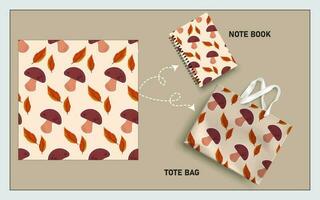 mockup tote bag and note book with mushroom vector seamless pattern.