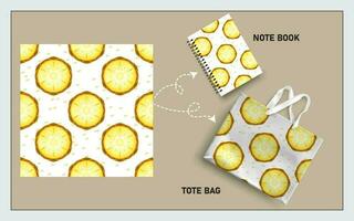 mockup tote bag and note book with slice of pineapple seamless pattern vector. vector