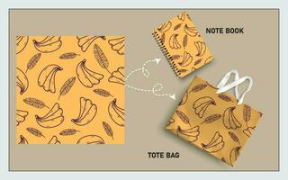 mockup tote bag and note book with banana line art seamless pattern vector. vector