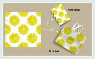 mockup tote bag and note book with slice of lemon seamless pattern vector. vector