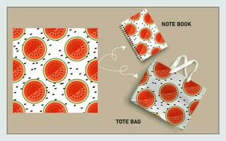 mockup tote bag and note book with slice of watermelon seamless pattern vector. vector