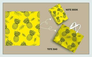 mockup tote bag and note book with pineapple line art seamless pattern vector. vector