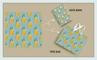 mockup tote bag and note book with pineapple fruits, leaf seamless pattern. vector