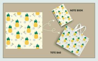 mockup tote bag and note book with pineapple fruits, leaf seamless pattern. vector