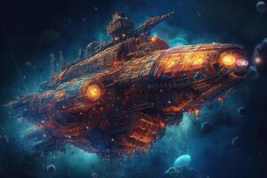 futuristic spaceship flying into a nebula illustration photo