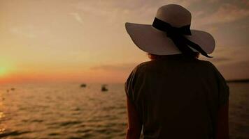 Frau tragen groß Sonne Hut Sitzplätze Nächster zu Meer während Sonnenuntergang video