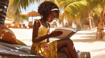 joven africano niña lee libro en el playa. ilustración ai generativo foto