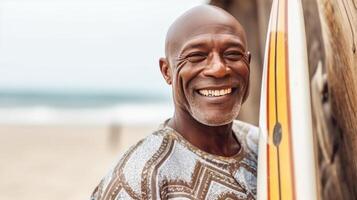 Smiling man with surf board. Illustration photo