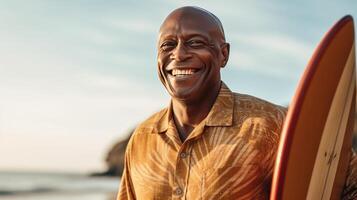 Smiling man with surf board. Illustration photo