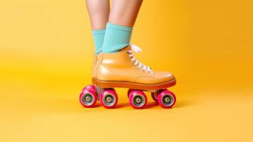 Legs wearing cute sweet with shoelaces four wheeled roller blades Illustration photo