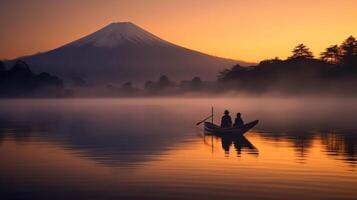 Landscape of mountain Fuji or Fujisan with reflection on Shoji lake Illustration photo