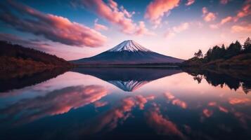 Landscape of mountain Fuji or Fujisan with reflection on Shoji lake Illustration photo