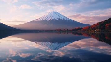 paisaje de montaña fuji o fujisan con reflexión en shoji lago ilustración ai generativo foto