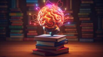 cerebro y apilar de libros. ilustración ai generativo foto