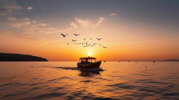 barco silueta en el puesta de sol. ilustración ai generativo foto