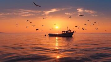 barco silueta en el puesta de sol. ilustración ai generativo foto