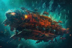futuristic spaceship flying into a nebula illustration photo