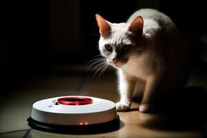 Cat scientist invents a device that allows cats to communicate with humans, leading to a world where cats negotiate treat portions, illustration photo