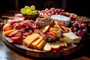 gourmet food Charcuterie board, showcasing a variety of delicious artisanal cheeses, cured meats, fresh fruits, and bread illustration photo