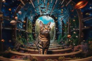 Cat discovers a hidden portal behind the litter box that leads to a parallel universe filled with catnip rivers, flying fish toys, and gravity illustration photo