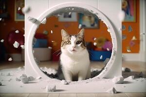 Cat discovers a hidden portal behind the litter box that leads to a parallel universe filled with catnip rivers, flying fish toys, and gravity illustration photo